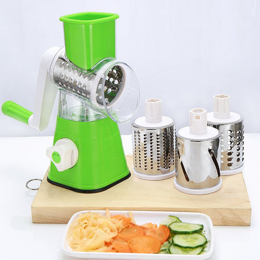 Effortless Manual Rotary Vegetable Slicer Drum Cutter with 3 Interchangeable Stainless Steel Blades